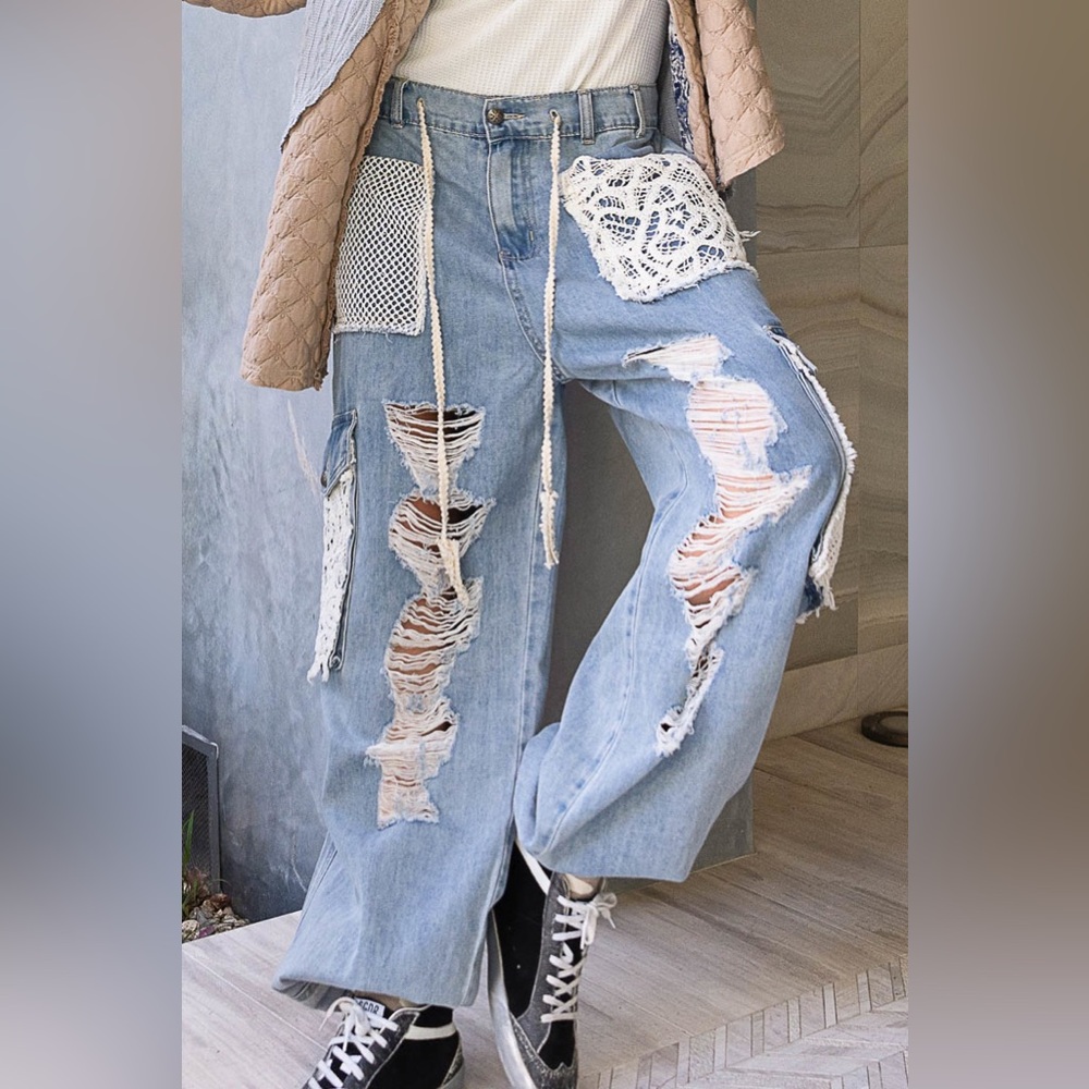 1. NWOT POL Blue Distressed Denim Jeans with Lace and Crochet Accents - Picture 6 of 6